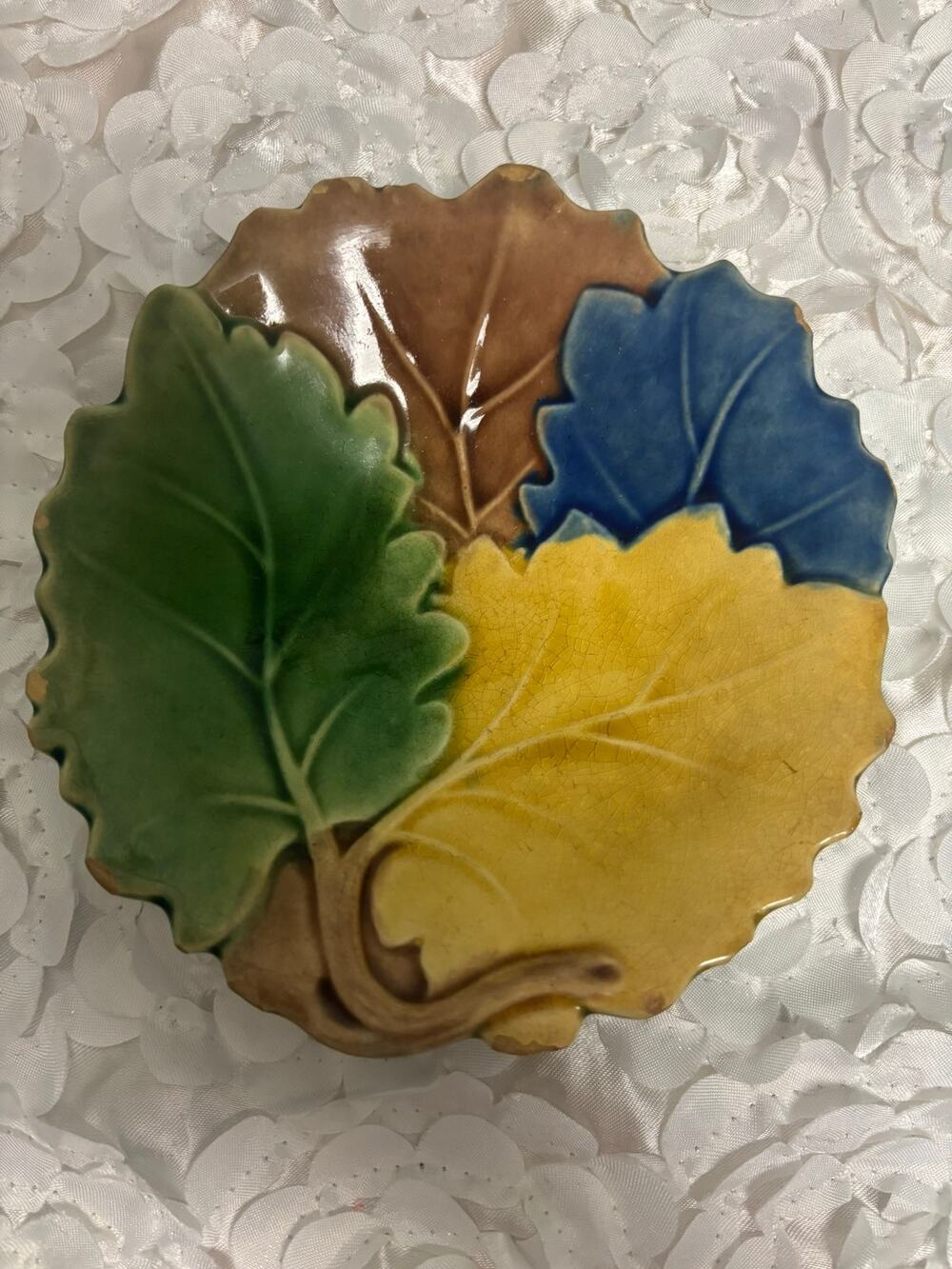 Antique Etruscan Majolica Four Leaves Dish Griffin Smith Hill Marked Vtg Fall